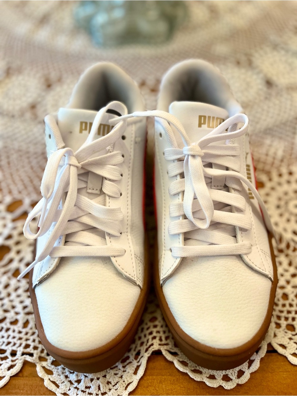 Puma White and Red Women's Sneakers with Gum Sole - Picture 2 of 9
